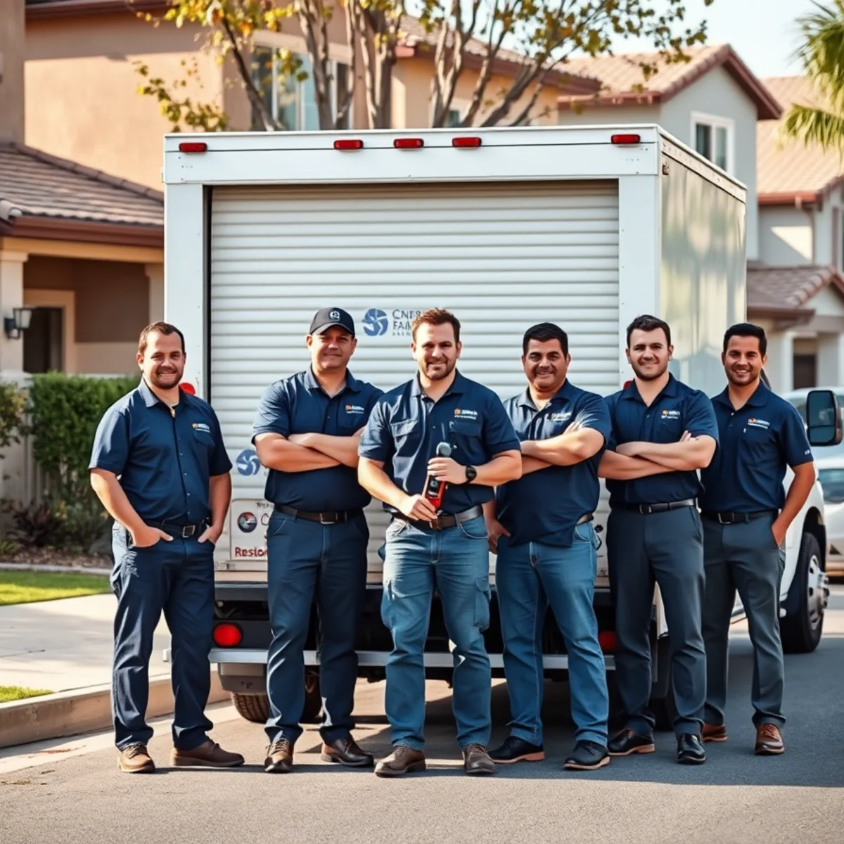 Water damage restoration team and marked service vehicle in Irvine, CA