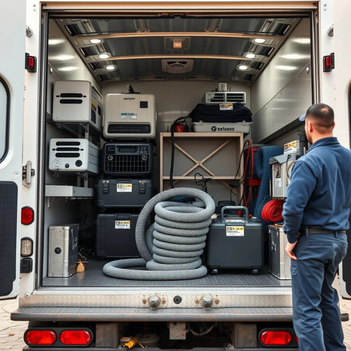 Restoration equipment loaded and ready in an Irvine, CA service vehicle