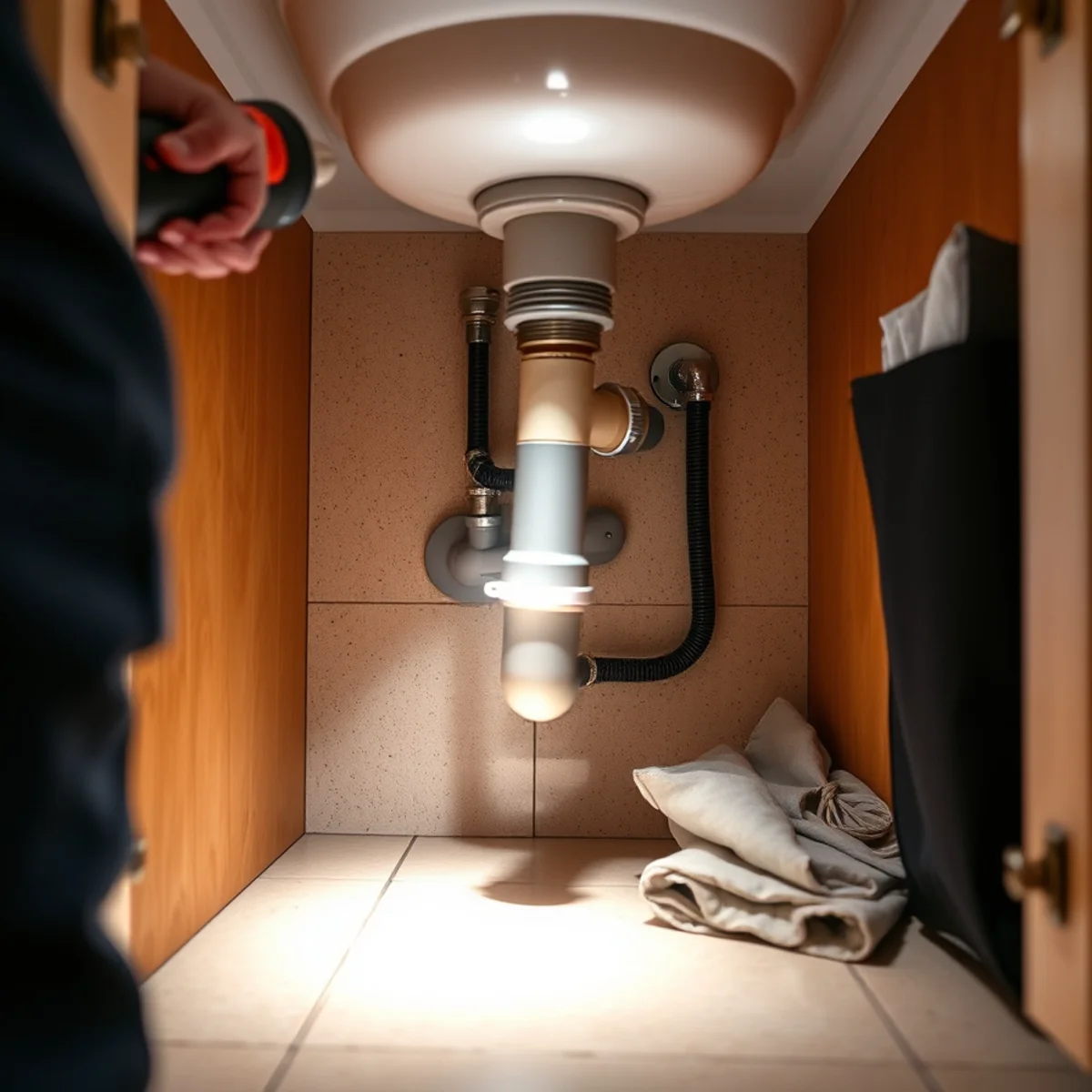 Checking angle stops and supply lines under a kitchen sink for early leak signs