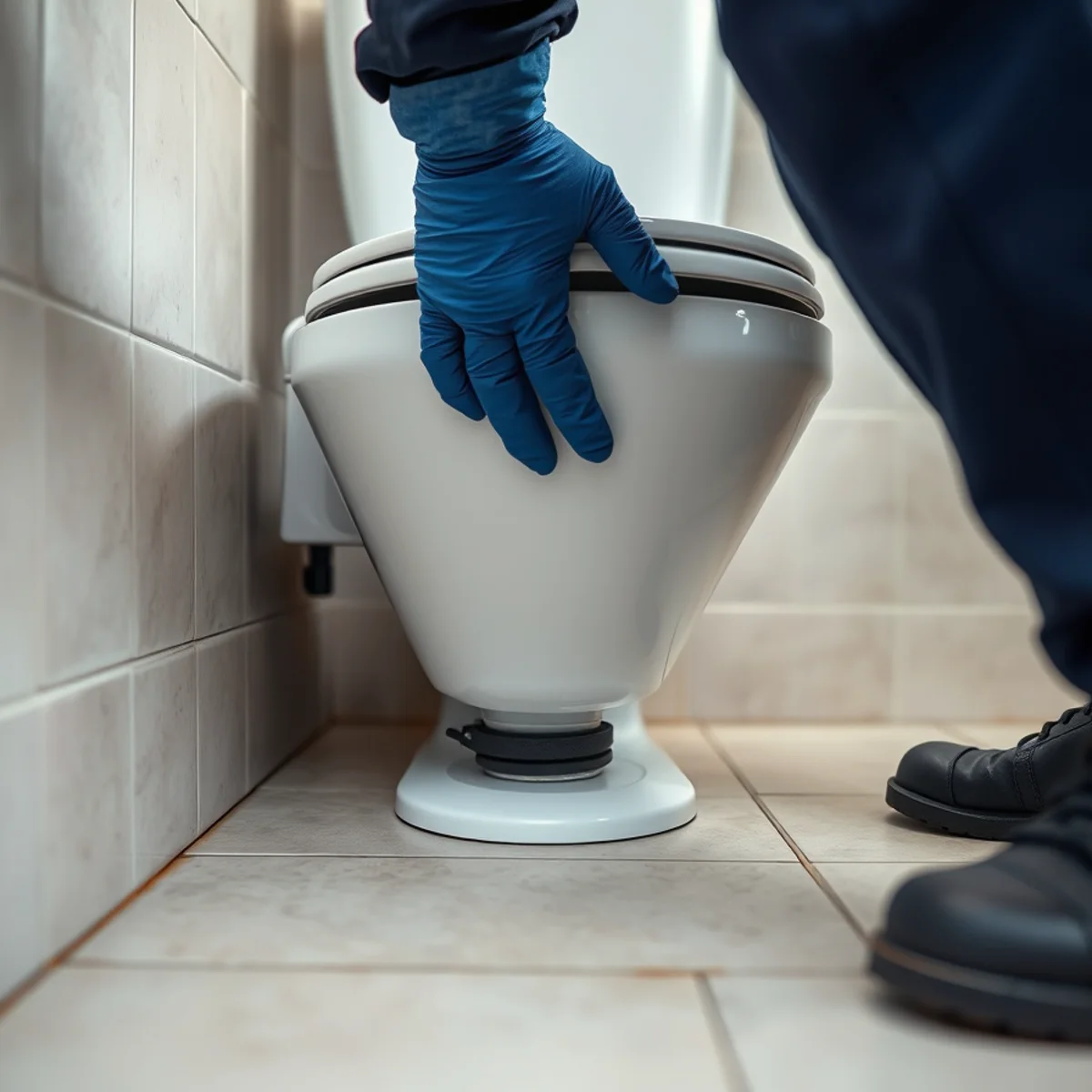 Inspecting the supply line and floor around a toilet base