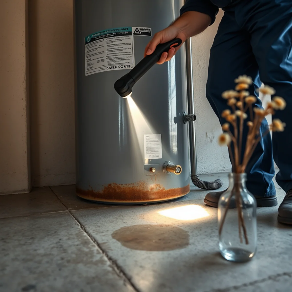 Checking the base of a water heater for rust and weeping