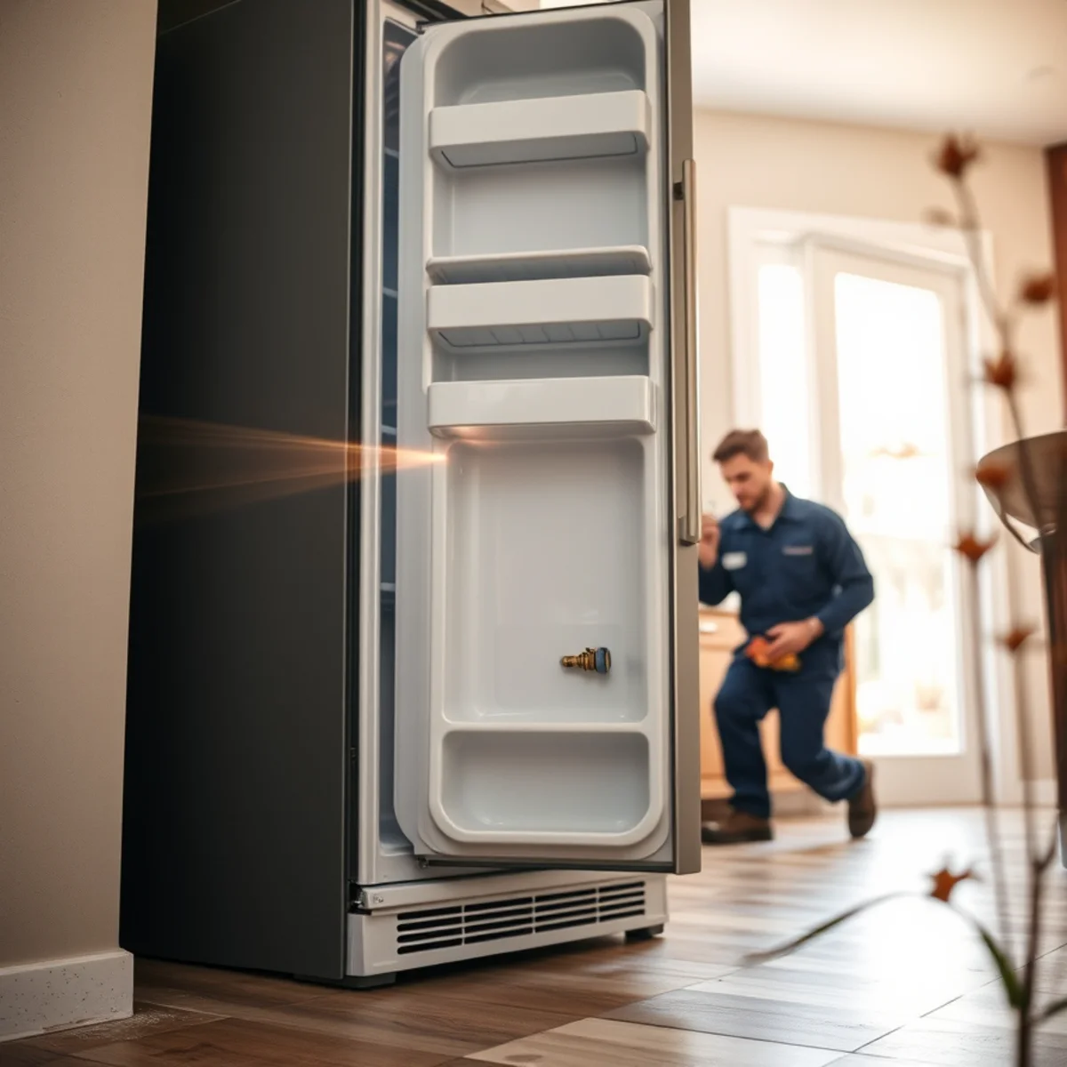 Checking the refrigerator ice maker supply line behind the appliance