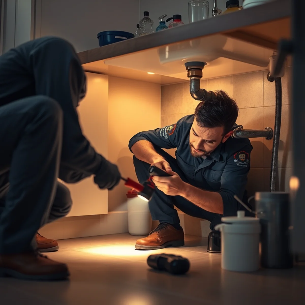 Checking under a kitchen sink with a flashlight during a monthly leak inspection