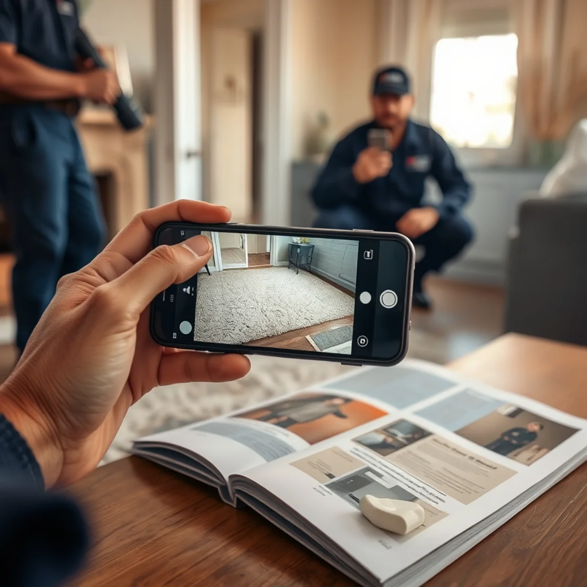 Photographing water damage on a phone before cleanup begins for an insurance claim