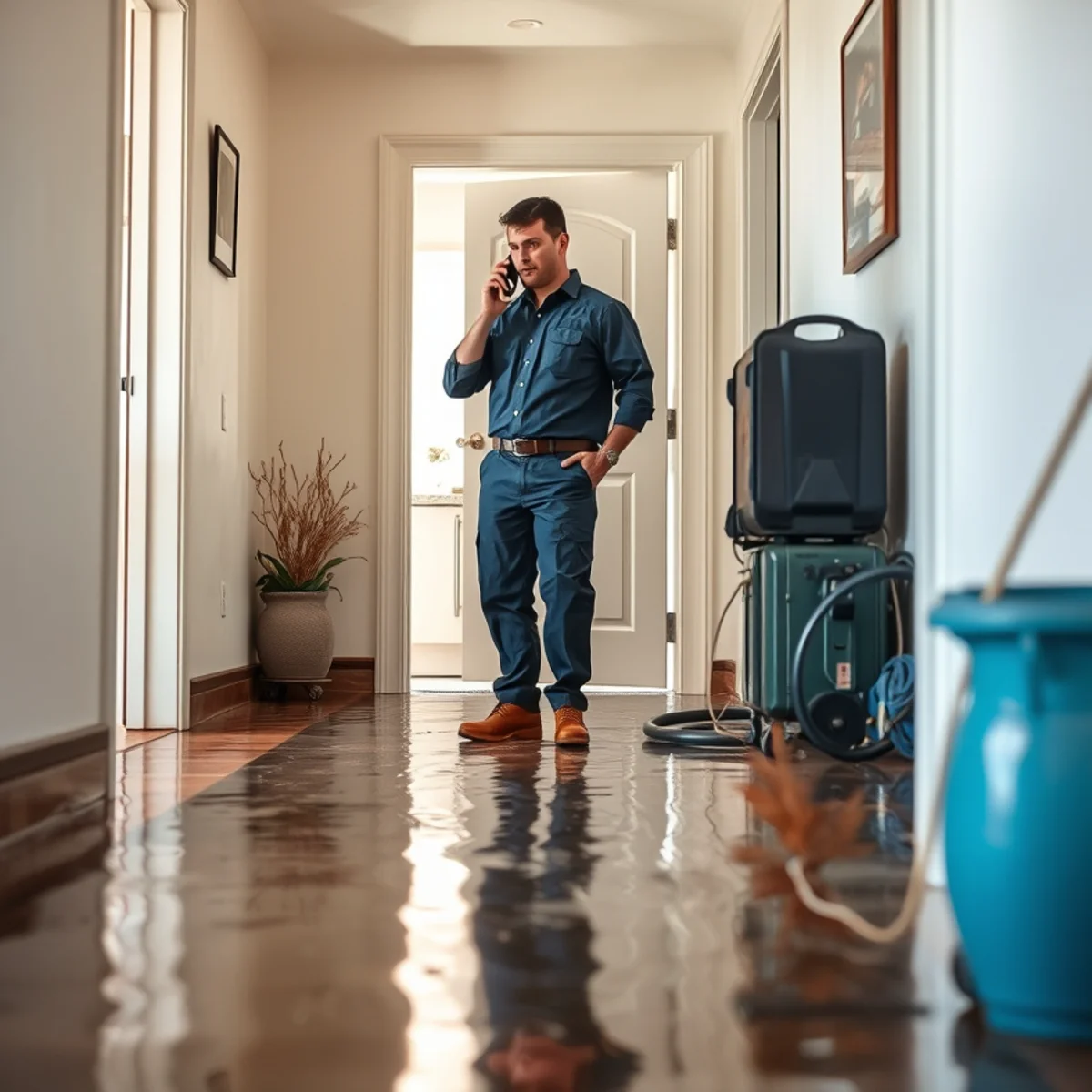 Calling for emergency water extraction while standing in a flooded hallway