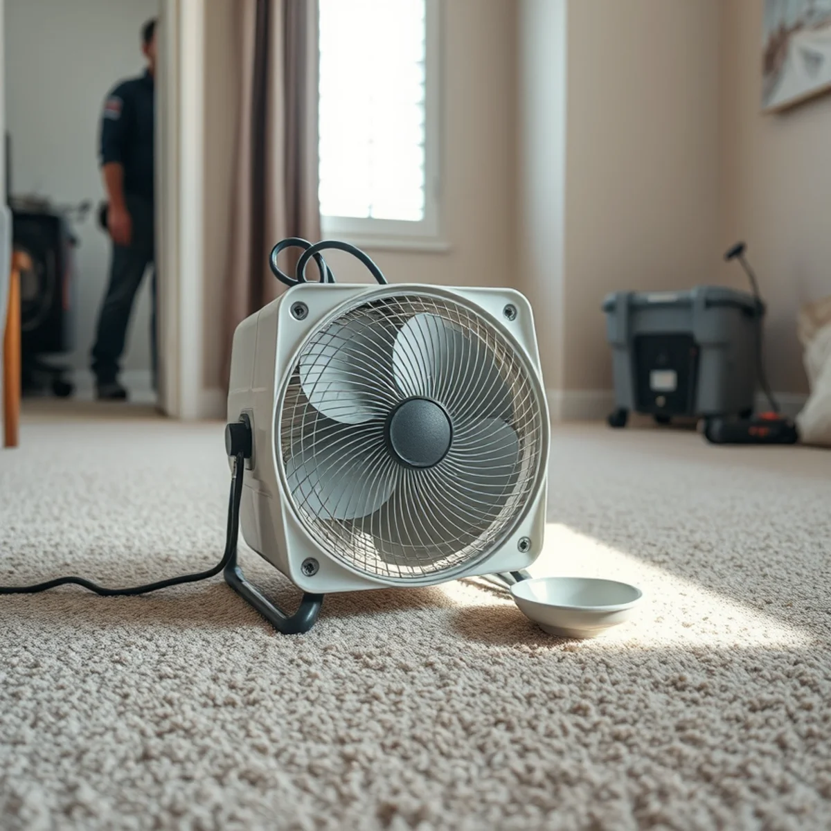 Household box fan switched off beside a wet floor during a water emergency