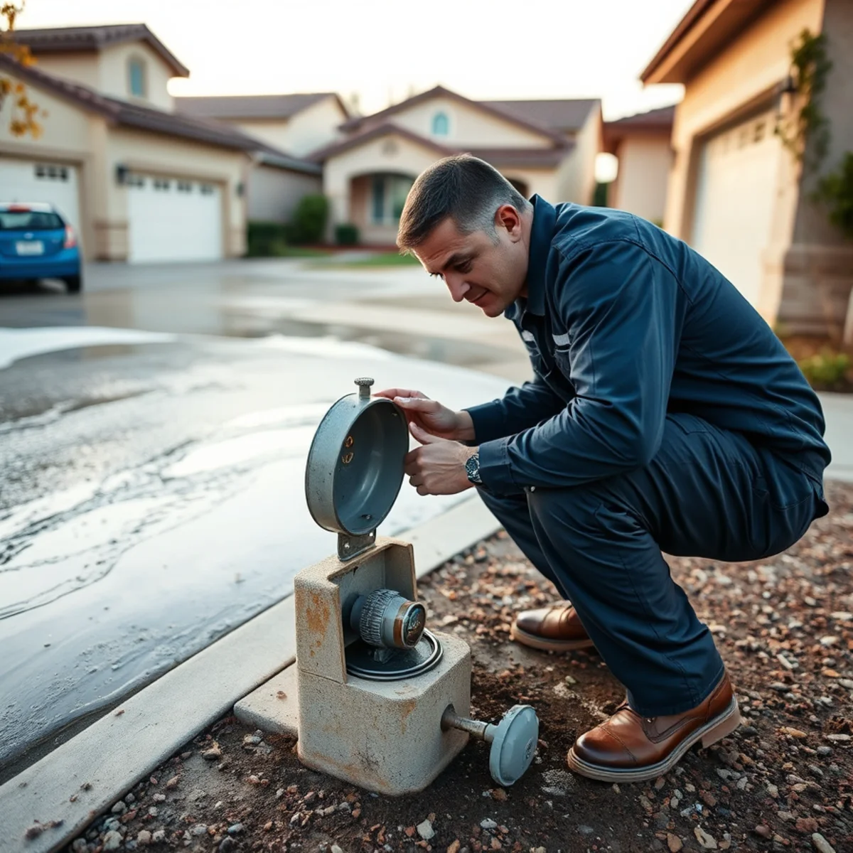 Homeowner shutting off the main water valve during a burst pipe emergency in an Irvine, CA home