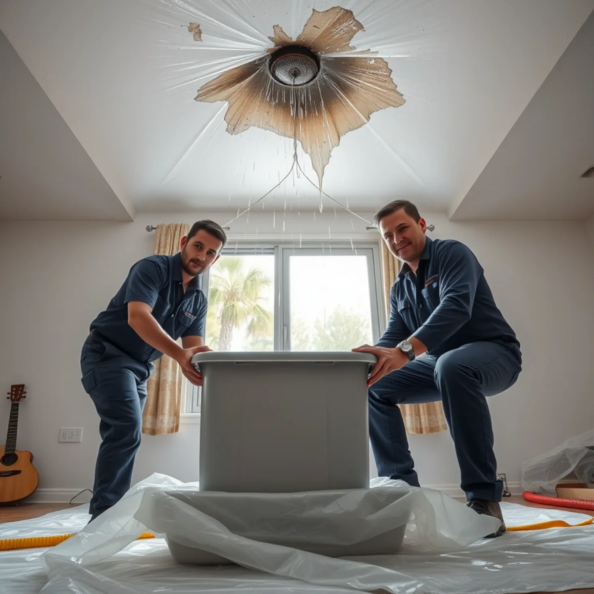 Water dripping from a stained and bulging ceiling during a storm in an Orange County home