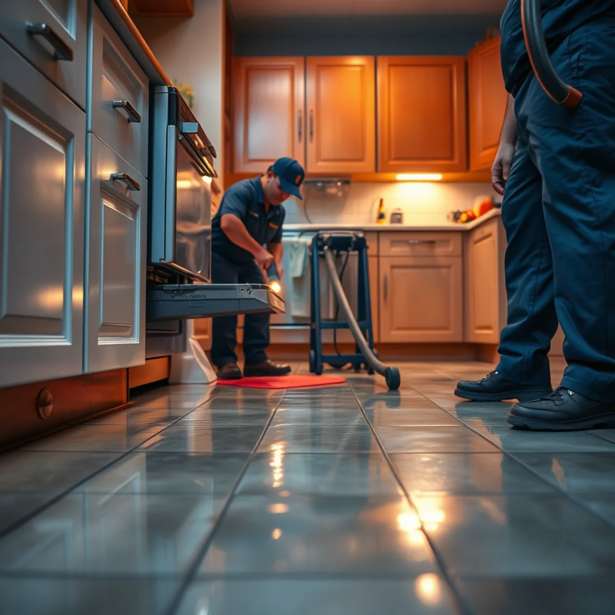 Water spreading from under a dishwasher across a kitchen floor in an Irvine, CA home