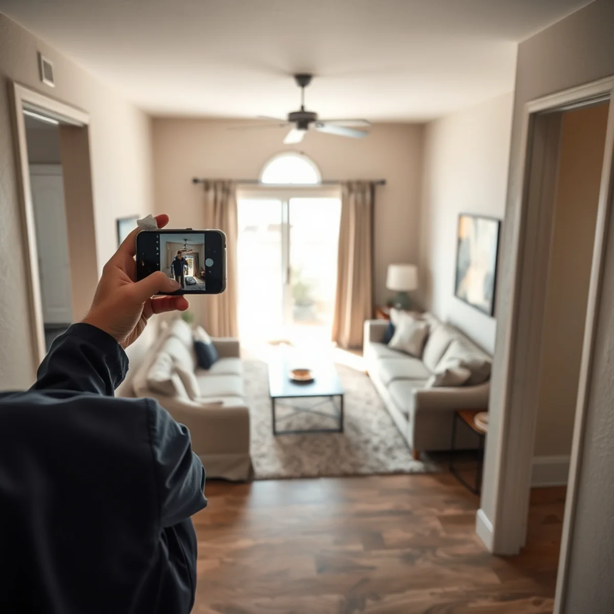 Taking a wide documentation photo of a water damaged room from the doorway
