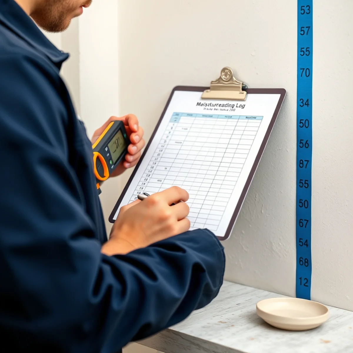 Restoration technician recording a daily moisture reading log