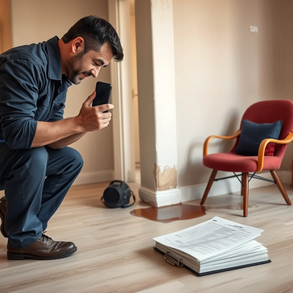 Homeowner photographing water damage for an insurance claim in an Orange County home