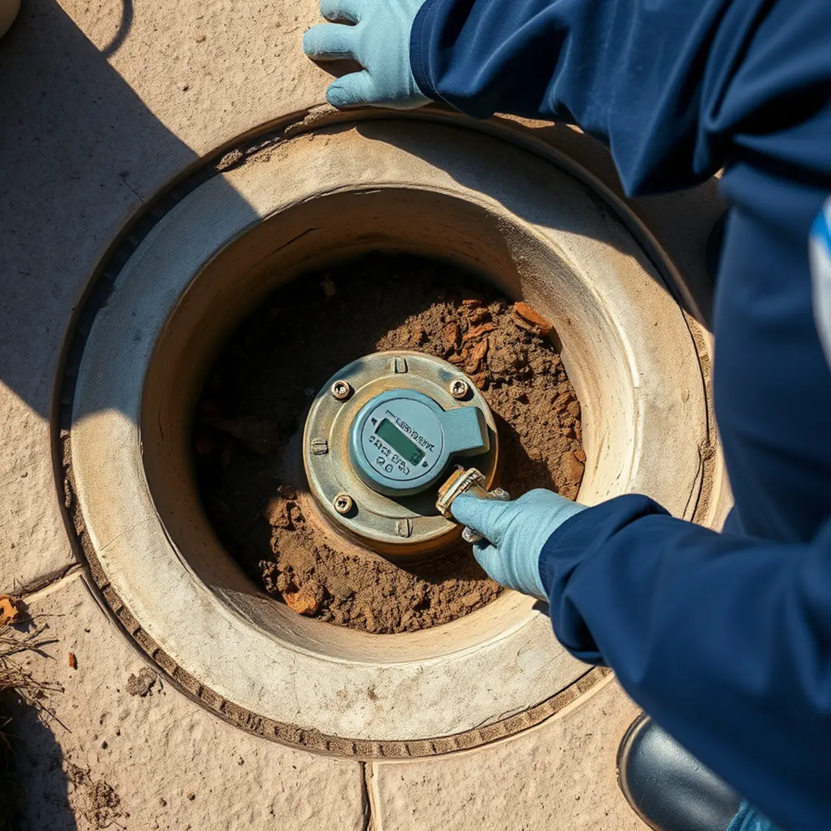 Main water shut-off valve inside a kerbside meter box at an Irvine home