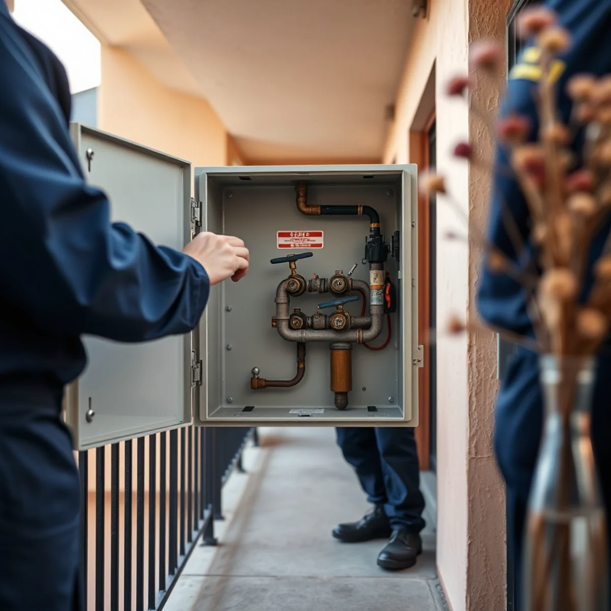 Unit water shut-off inside an exterior utility panel at a condo building