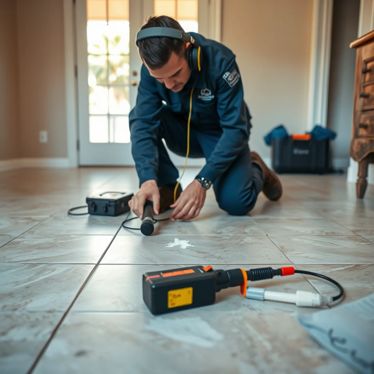Technician using acoustic listening equipment to pinpoint a slab leak under a concrete floor