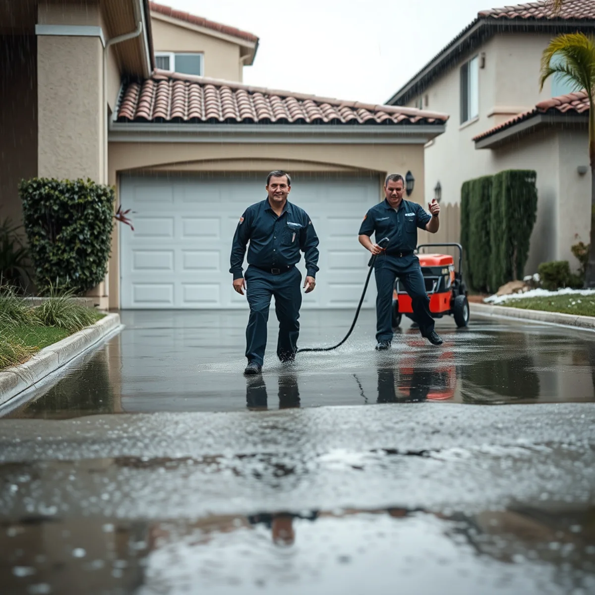 Storm water pooling at the base of a garage door during heavy rain in Orange County