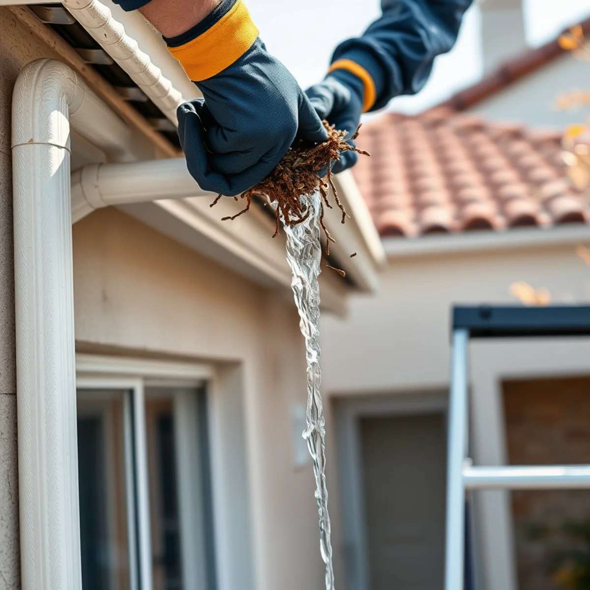 Clearing a gutter and checking it still falls toward the downspout