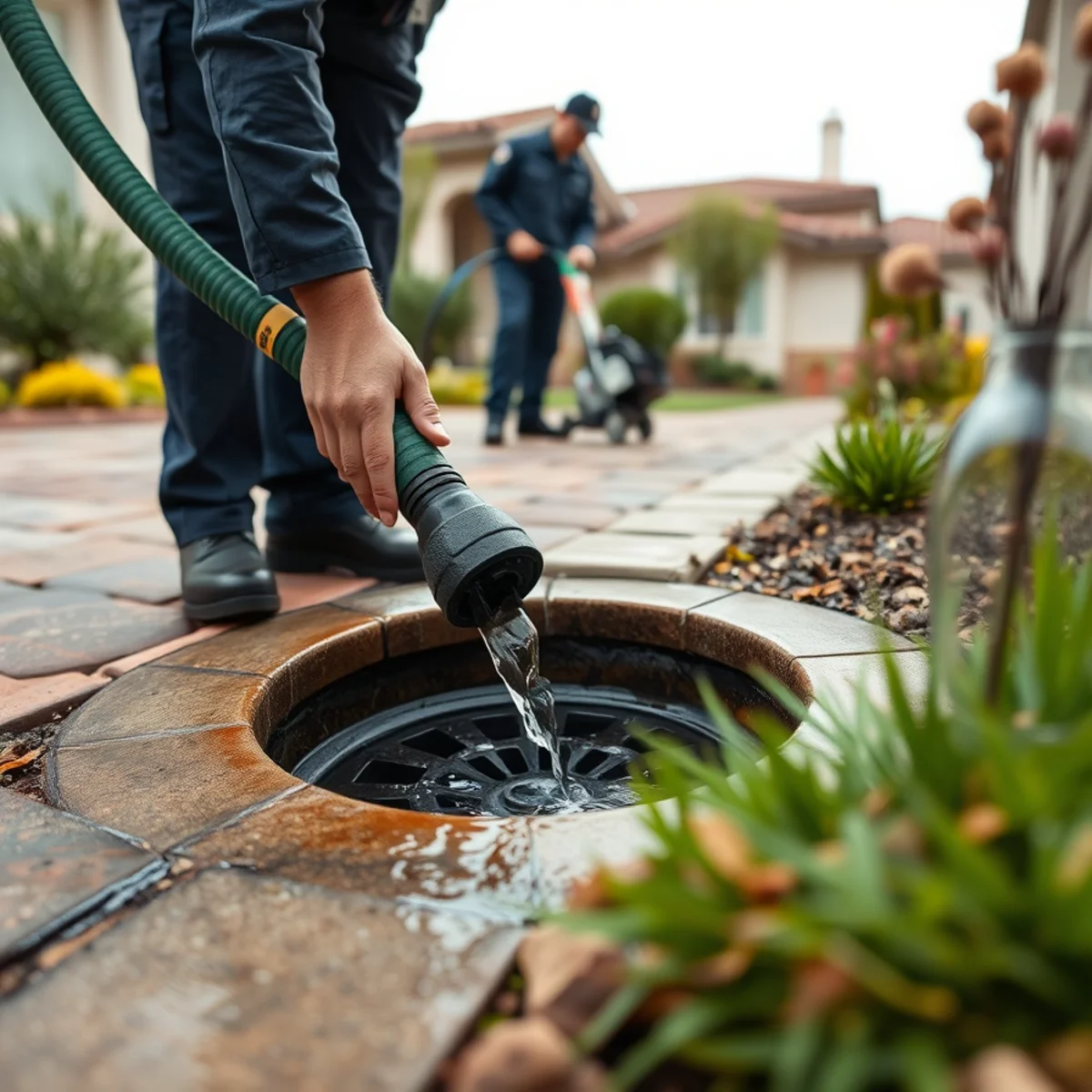 Running a hose into a yard drain to confirm it flows