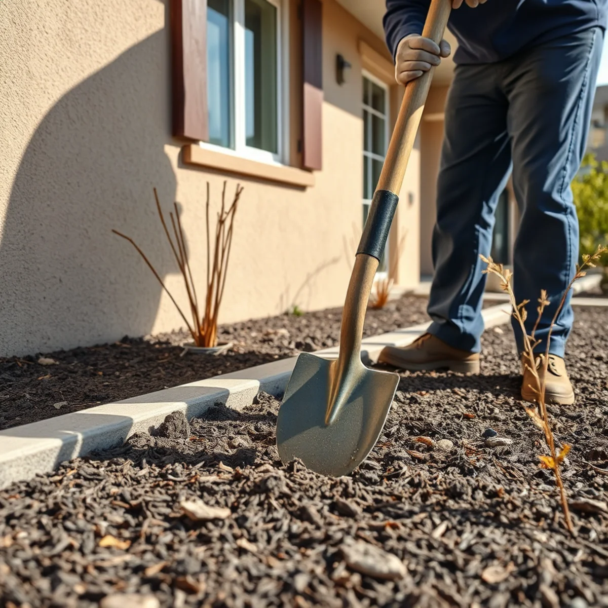 Cutting back planter soil that has risen above the slab edge