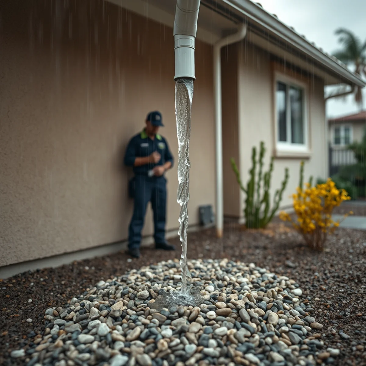 Downspout discharging away from a home foundation in Orange County