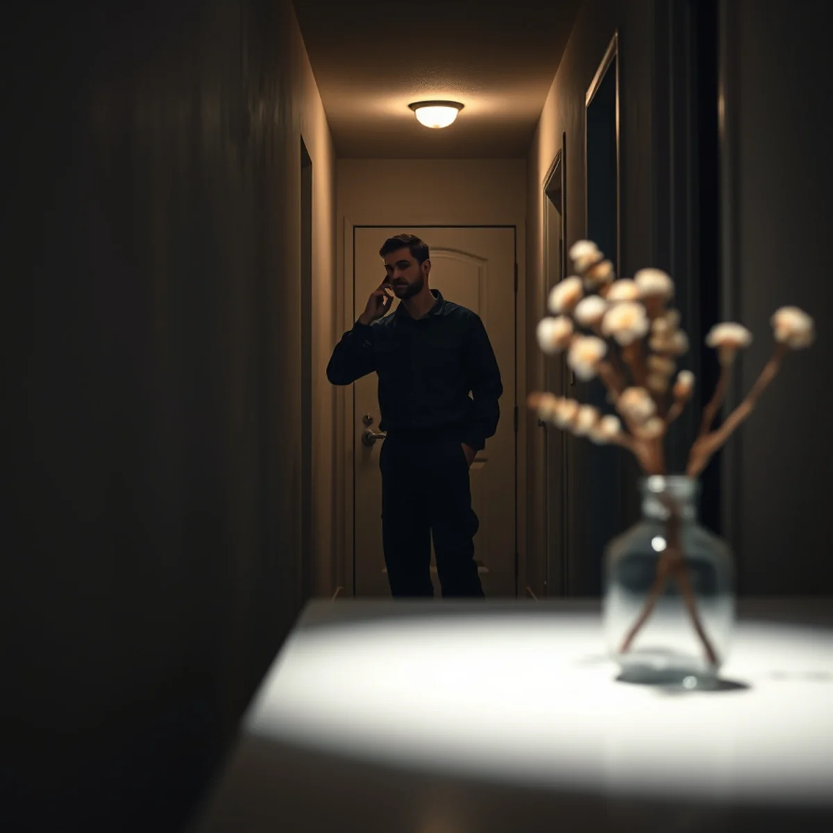 Listening for running water in a quiet hallway with every fixture off