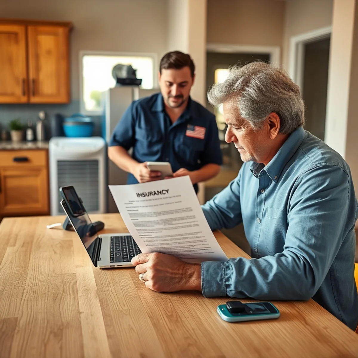 Homeowner reviewing an insurance policy after water damage in an Orange County home