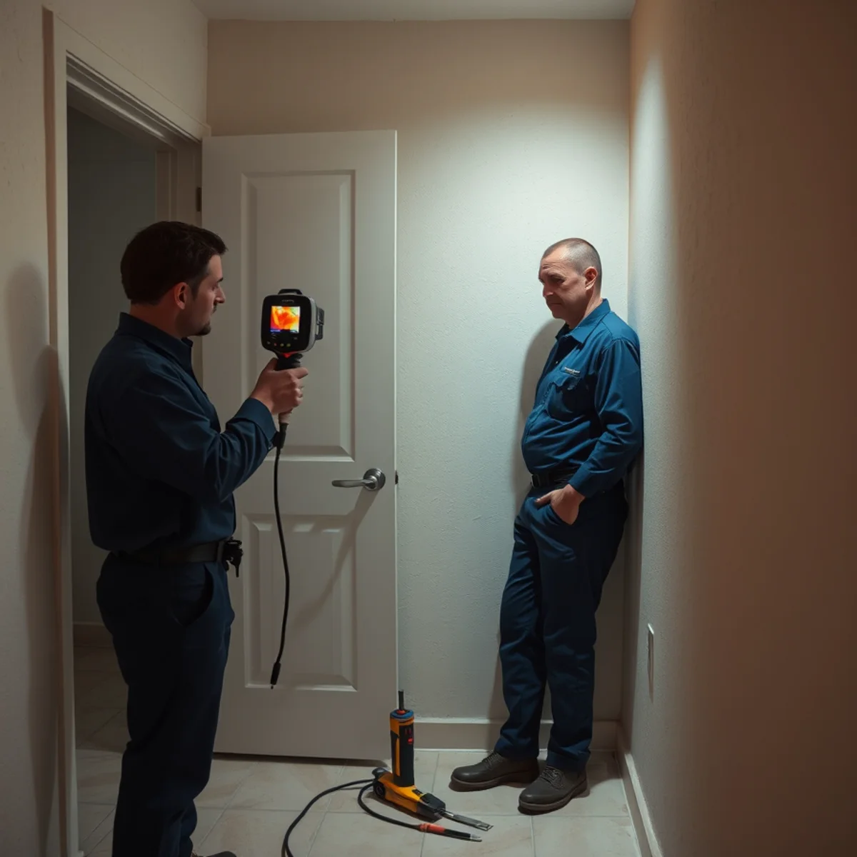 Technician using a moisture meter to find residual dampness in a wall after a leak