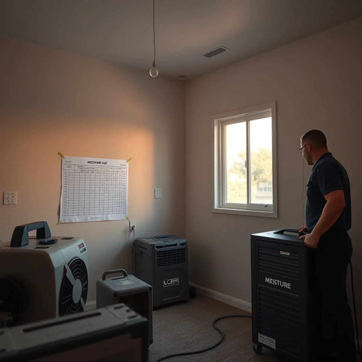 Air movers and dehumidifier running during a structural drying job in an Irvine, CA home