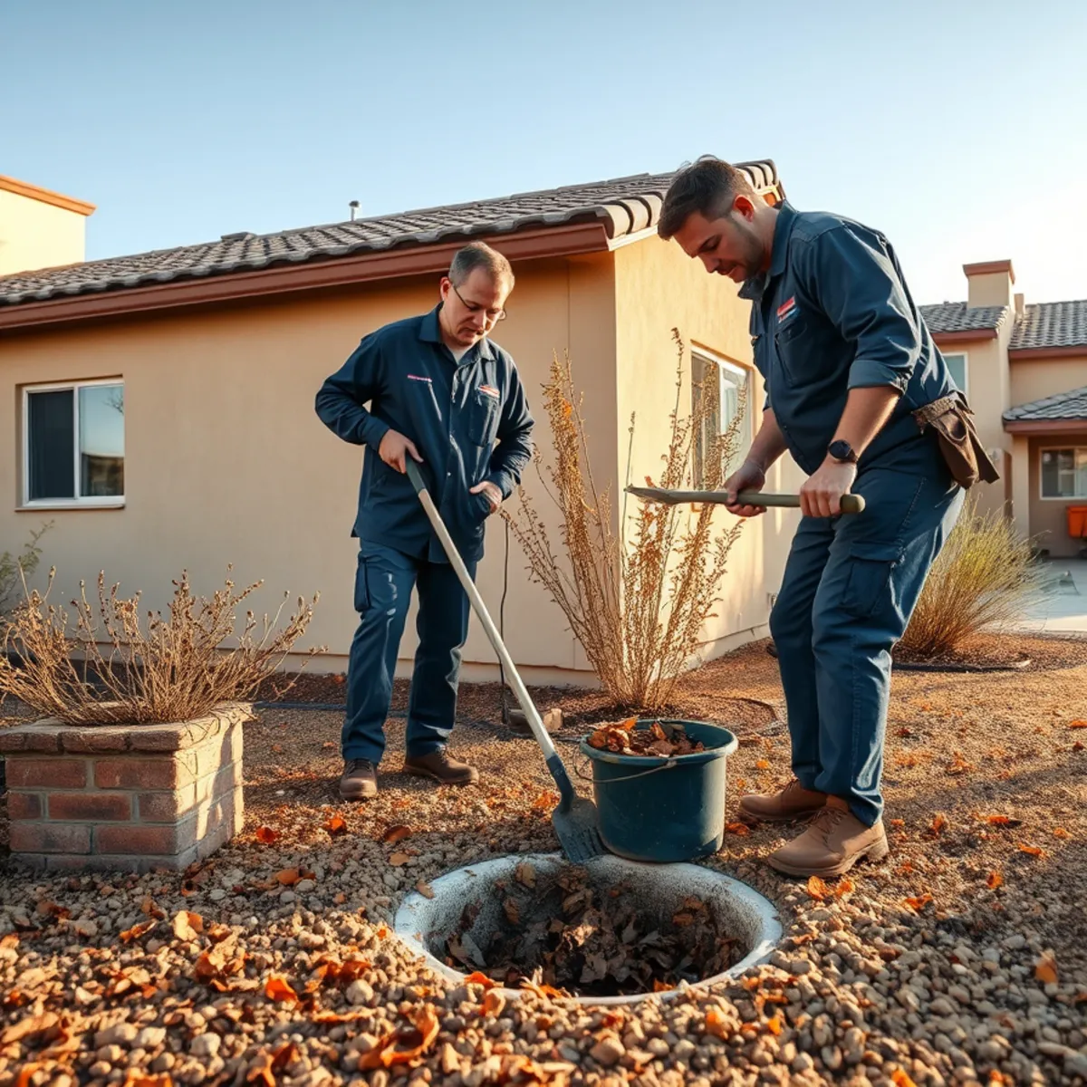 Clearing a silted yard area drain before the rainy season at an Irvine, CA home