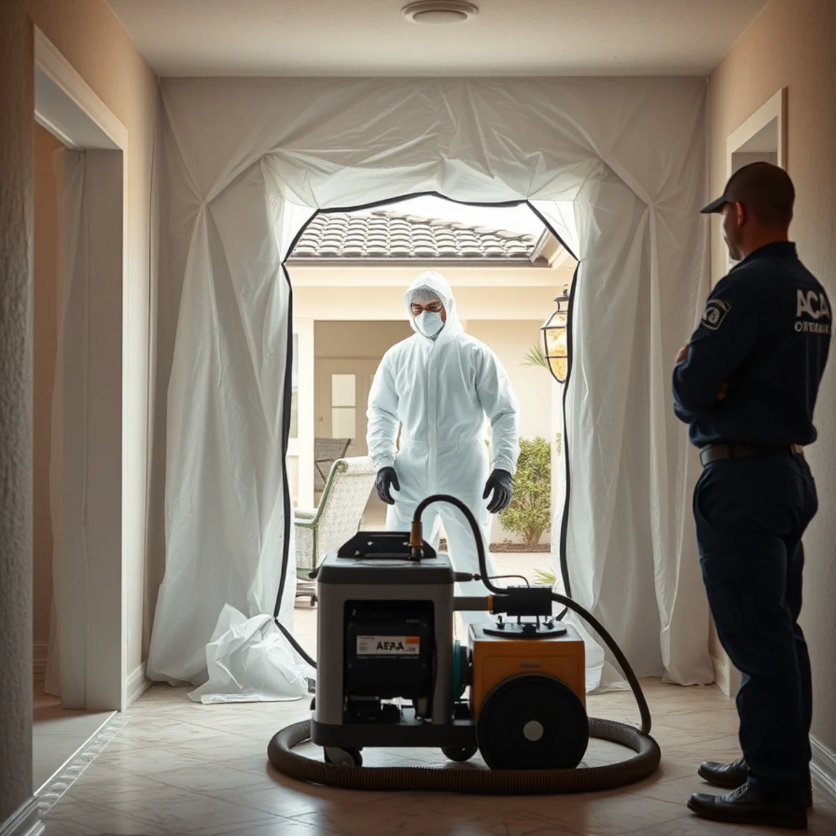 Containment barrier and negative air machine set up for mold remediation in an Orange County home