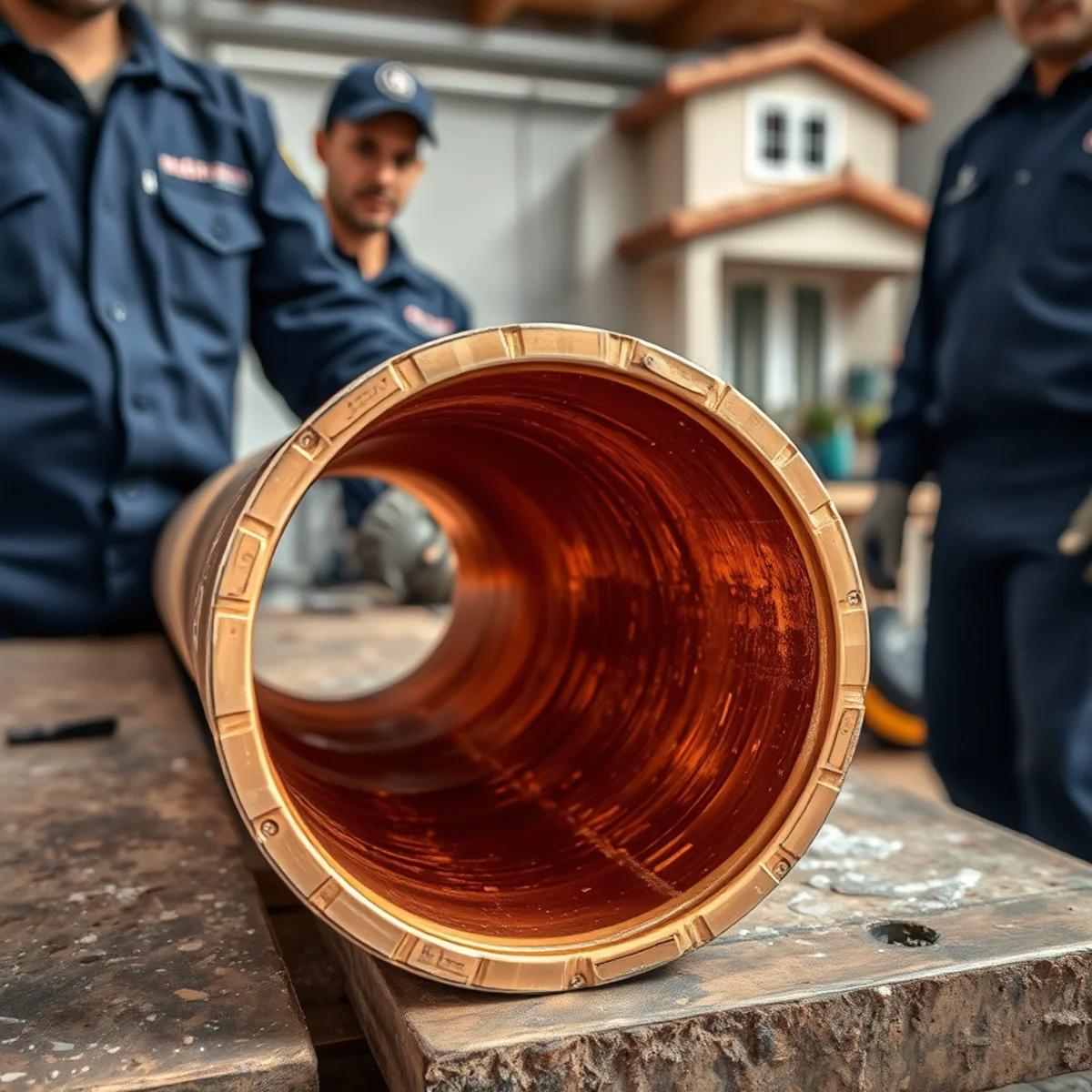 Cross section of a copper pipe showing internal scale buildup and pinhole corrosion