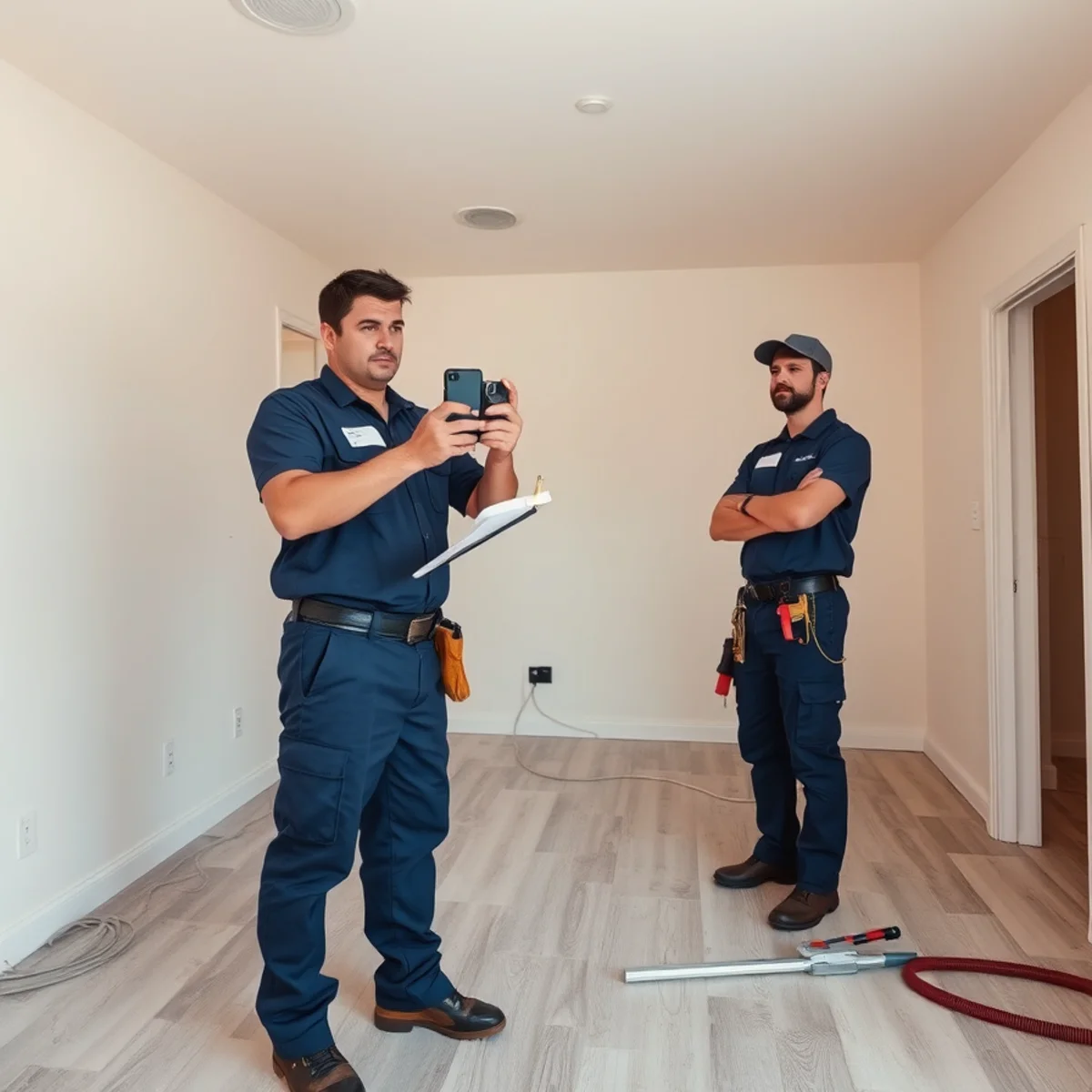 Property manager documenting water damage at a California rental property