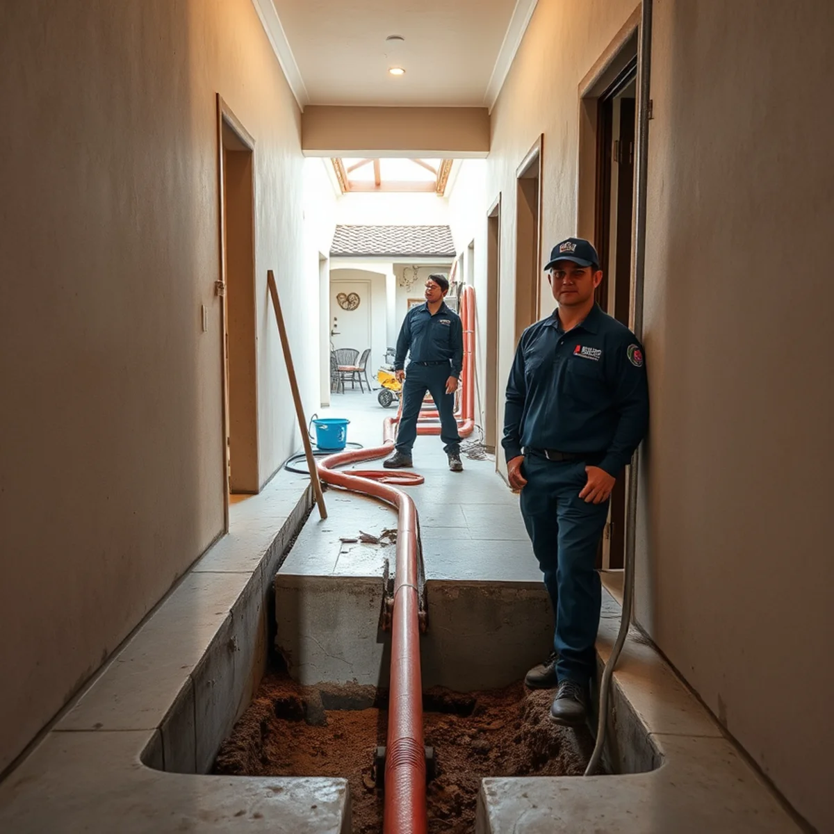 Opened concrete slab exposing a corroded copper supply line in an Irvine, CA home