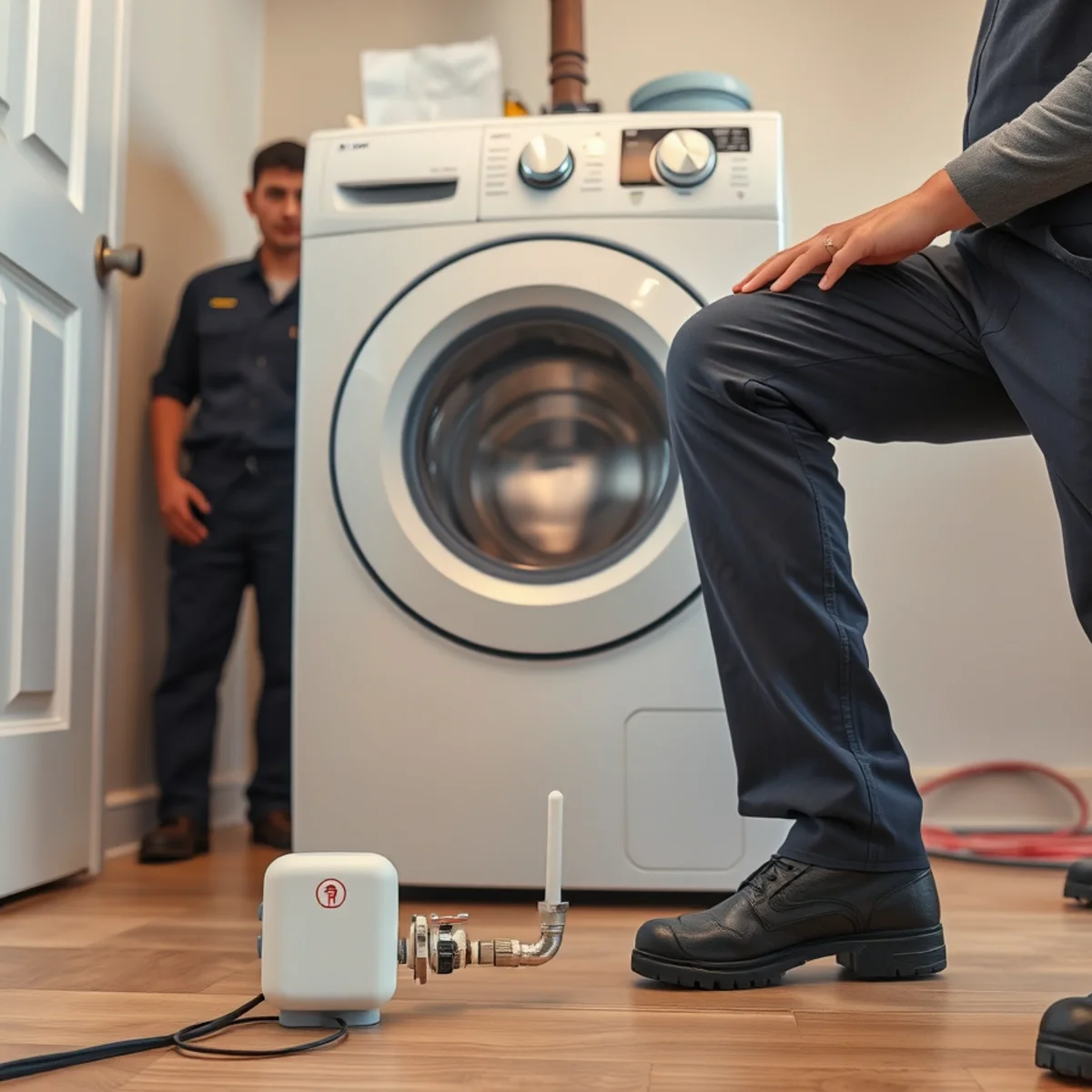 Wi-Fi water leak sensor placed behind a washing machine in an Irvine, CA home