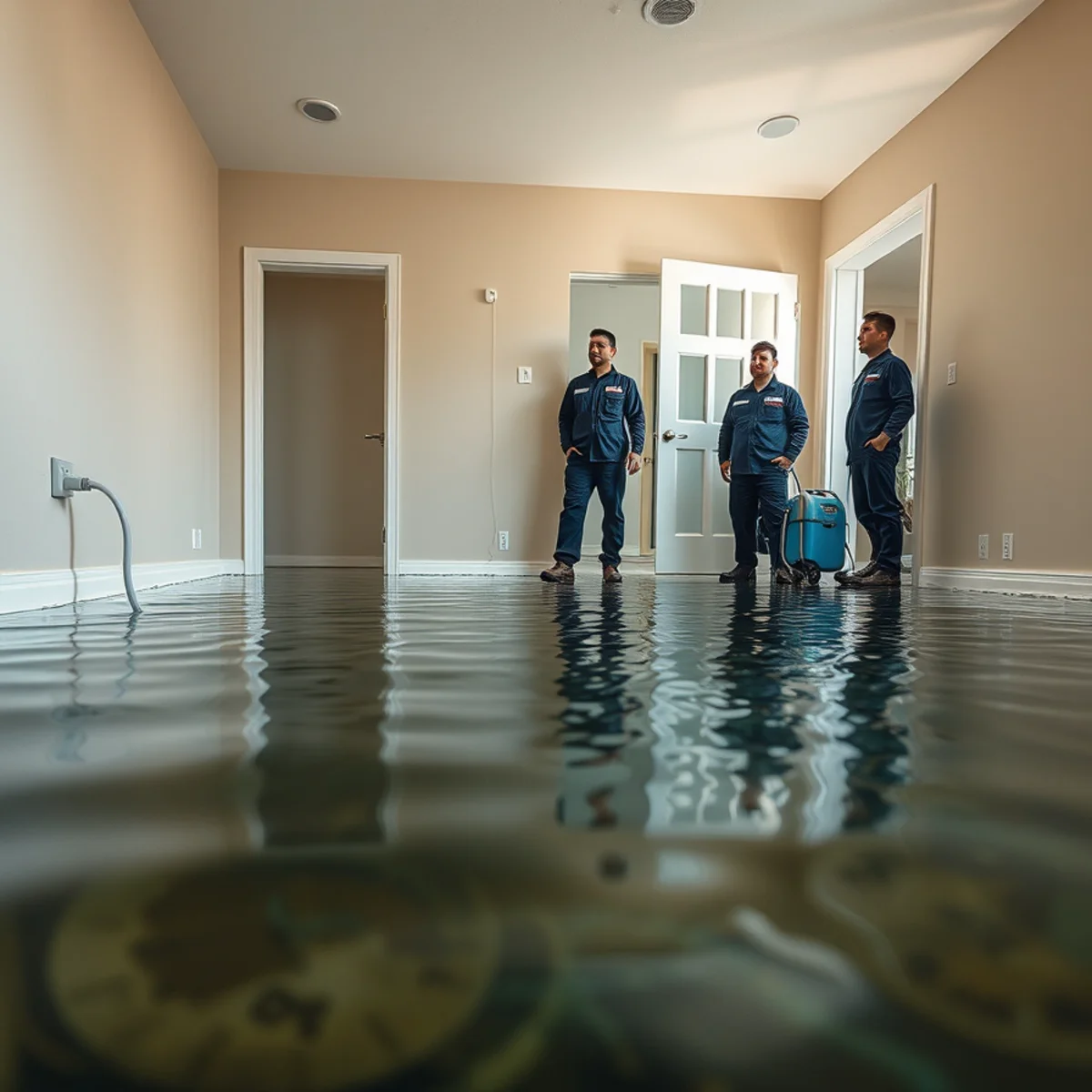Standing water across the floor of a flooded Orange County home