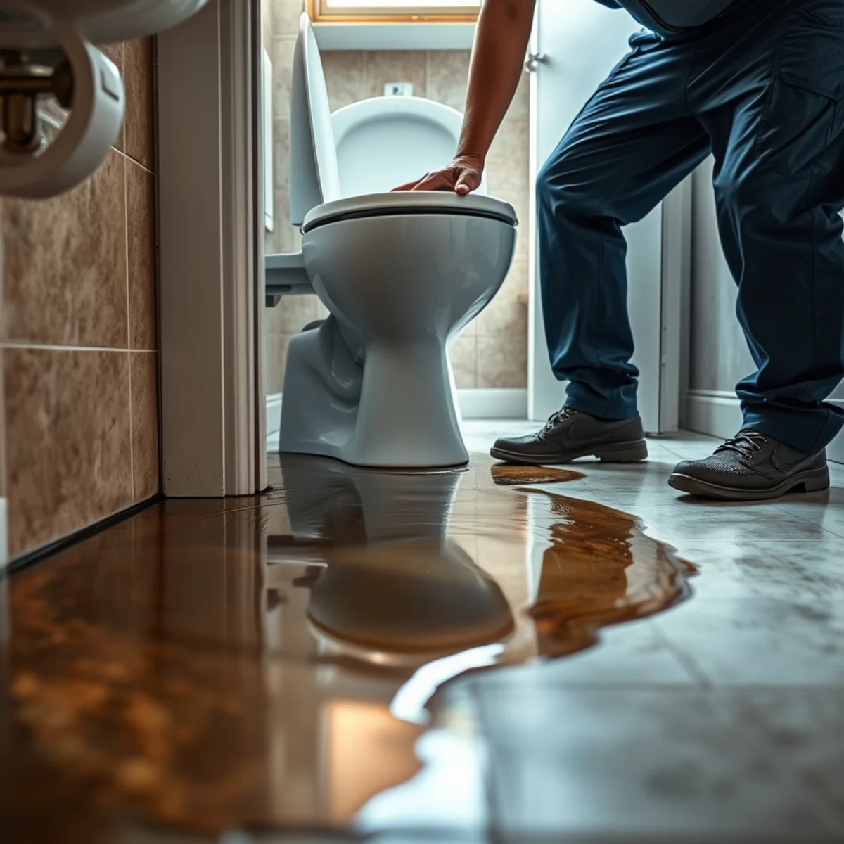 Bathroom floor with an overflowing toilet during a sewage backup in an Orange County home