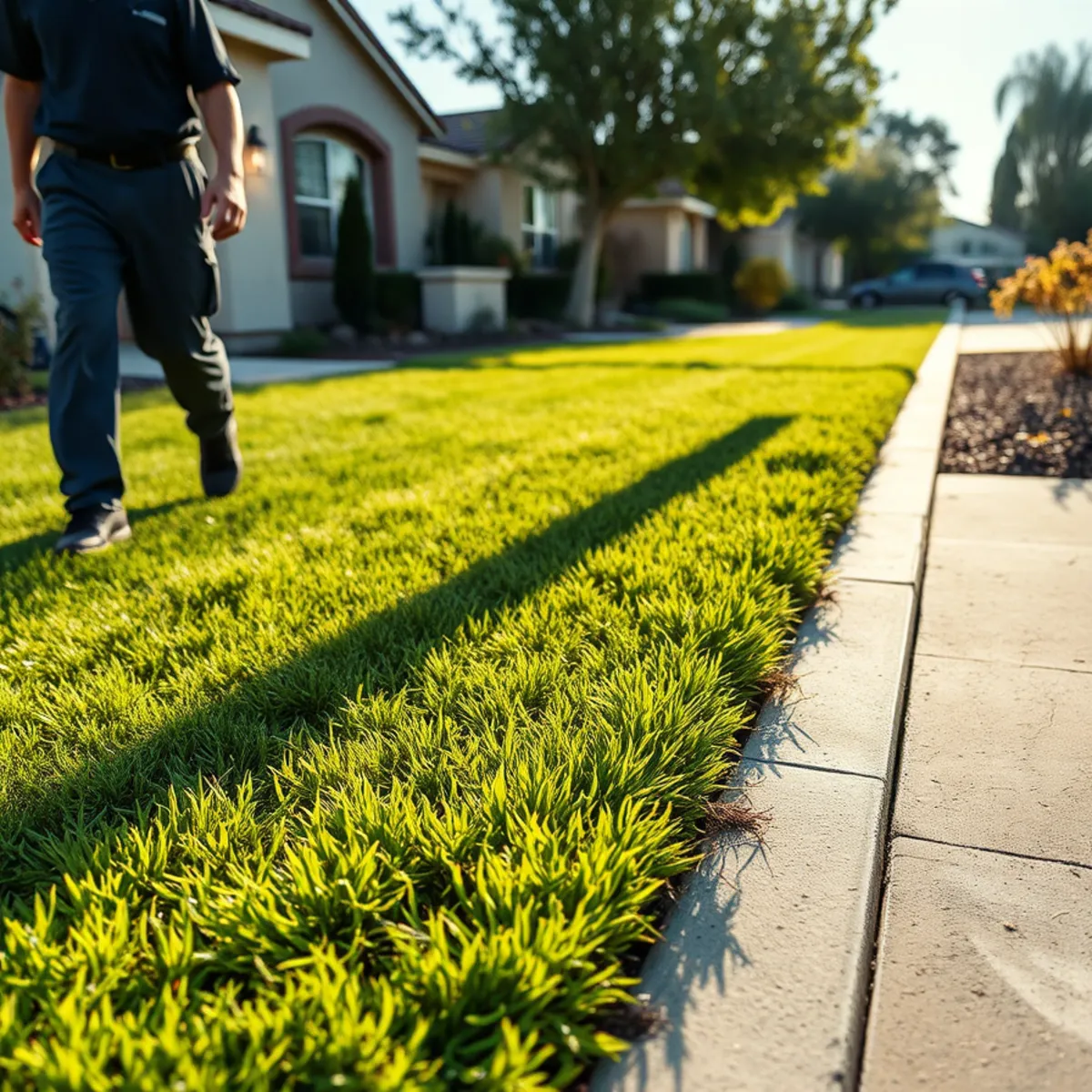 Unusually green patch of lawn tracking the route of a leaking sewer lateral