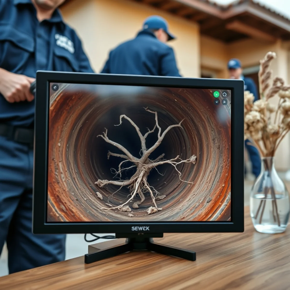 Camera view of root intrusion at a clay sewer pipe joint