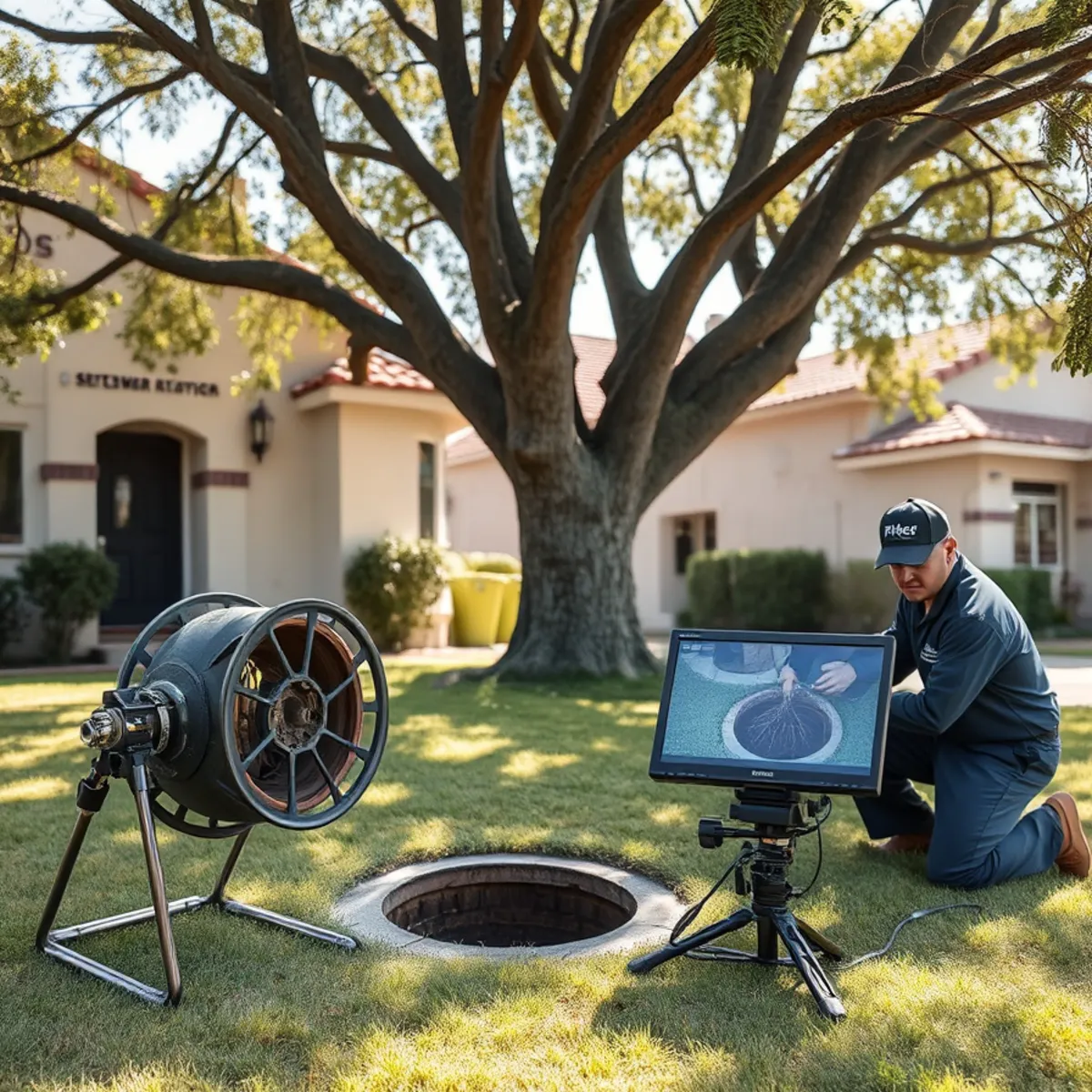 Camera inspection showing root intrusion in a clay sewer lateral in an older Orange County home