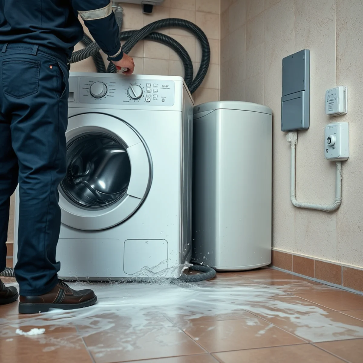 Burst washing machine supply hose flooding a laundry room in an Irvine, CA home