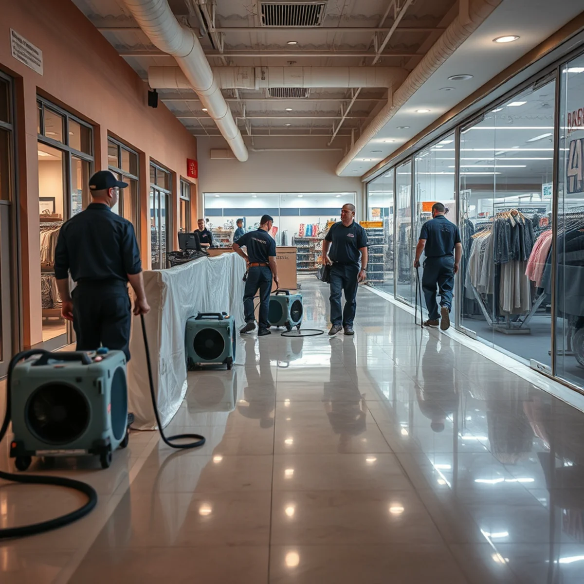 Overnight water damage restoration in a retail suite near the Irvine Spectrum, CA