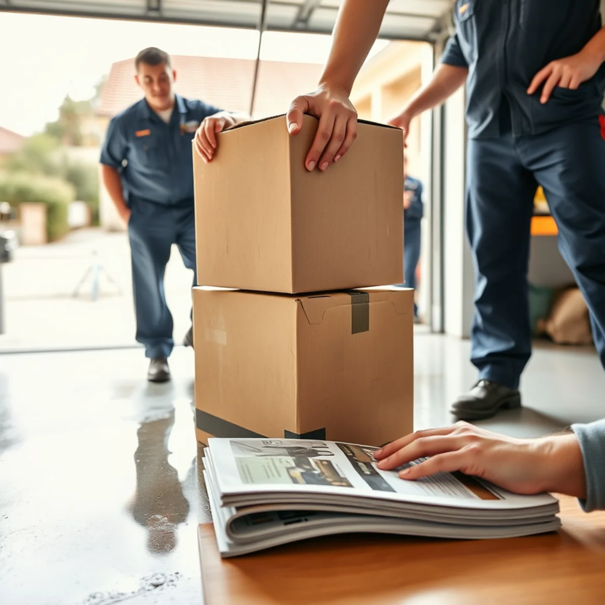 Lifting cardboard storage boxes clear of a flooded garage floor