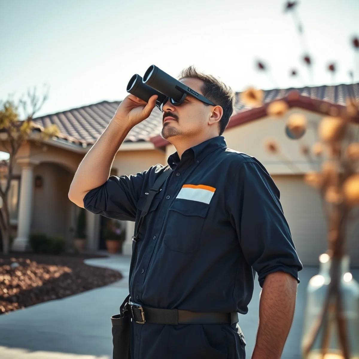 Inspecting a tile roof from the ground with binoculars before the rains