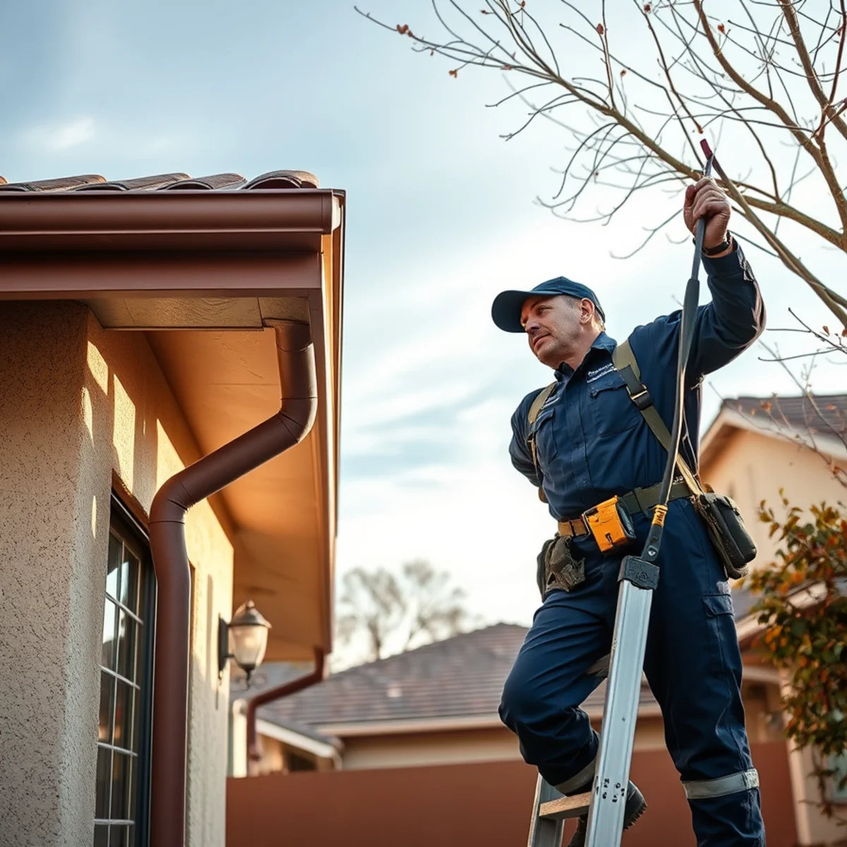 Homeowner clearing gutters and downspouts before the rainy season in Orange County