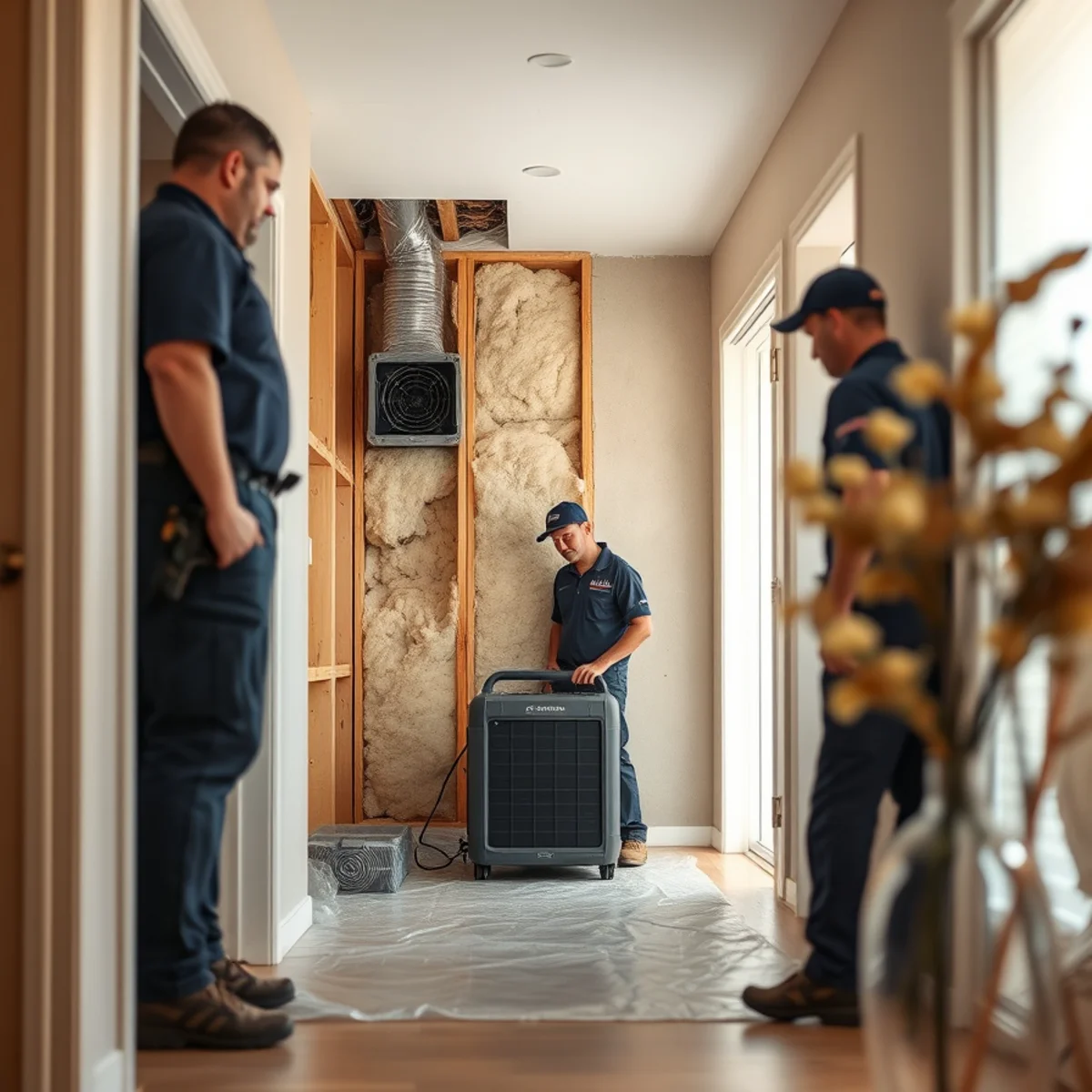 Open wall cavity drying after a burst pipe repair in an Irvine, CA home