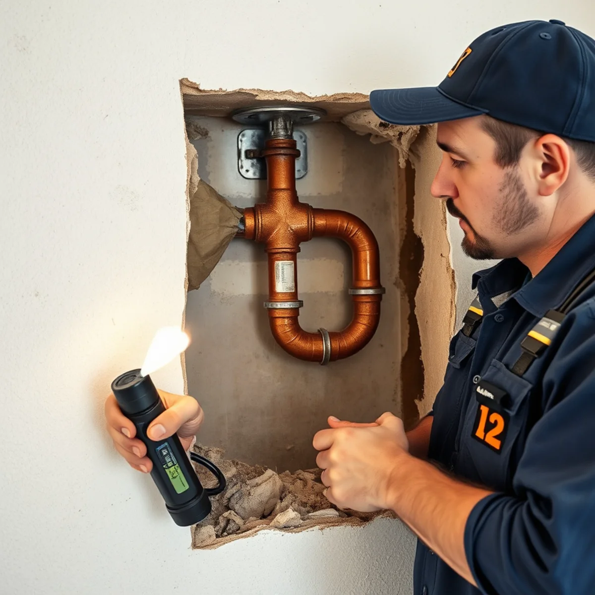 Restoration technician inspecting a burst copper supply line in an Irvine, CA home wall cavity