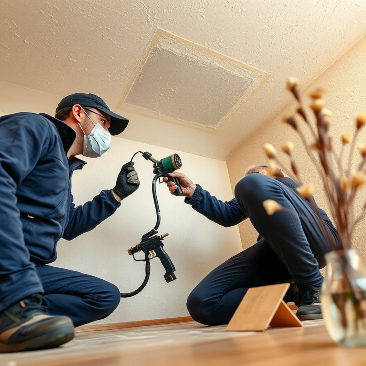 Spraying texture to match an existing ceiling during water damage repair in Irvine, CA