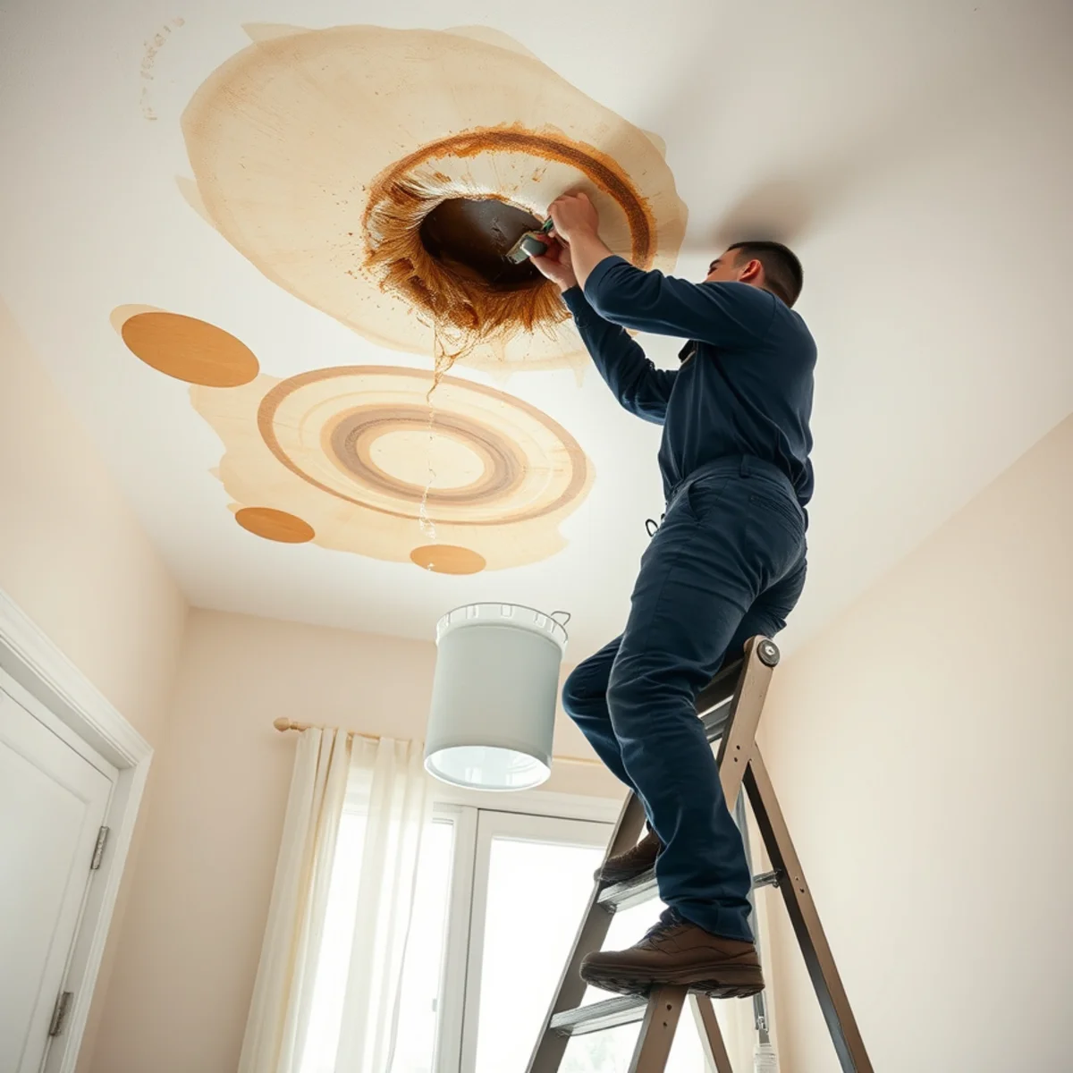 Water-stained and sagging ceiling in an Irvine, CA home being assessed for repair