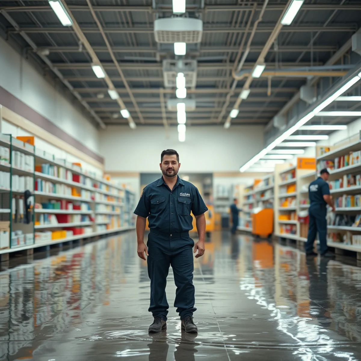 Water from a fire sprinkler discharge across a commercial retail floor in Irvine, CA