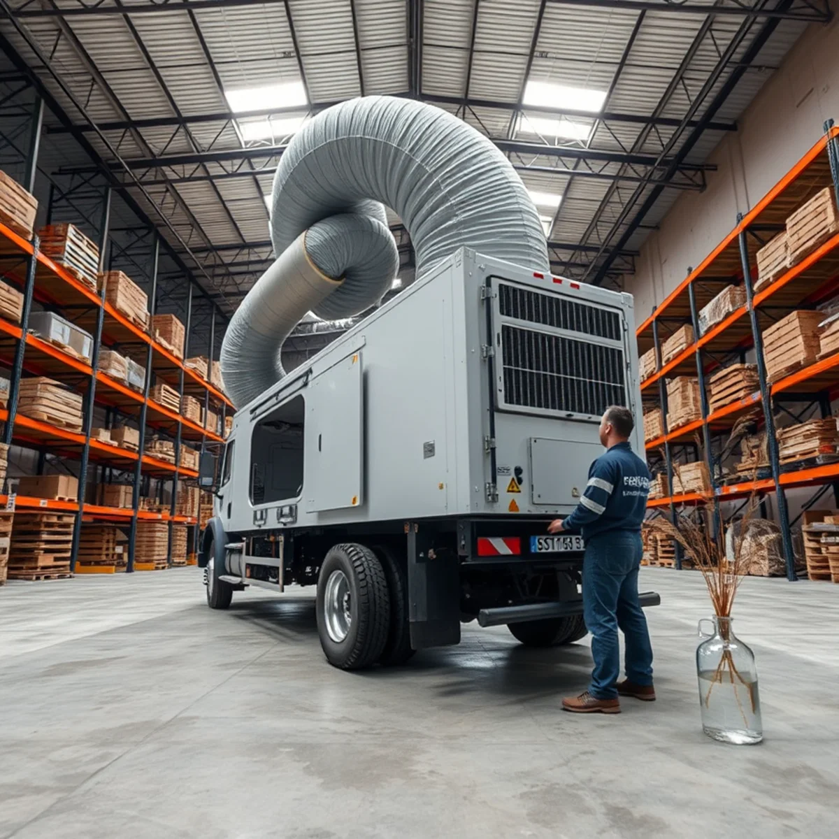Large desiccant dehumidifier drying a high-bay warehouse floor in West Irvine, CA